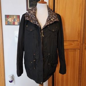 JM Collection Drawstring Waist Wind Breaker with Leopard Detail Size Medium